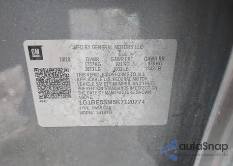 2019 Chevrolet Cruze Lt z USA, uszkodzony, nr VIN 1G1BE5SM5K7120774